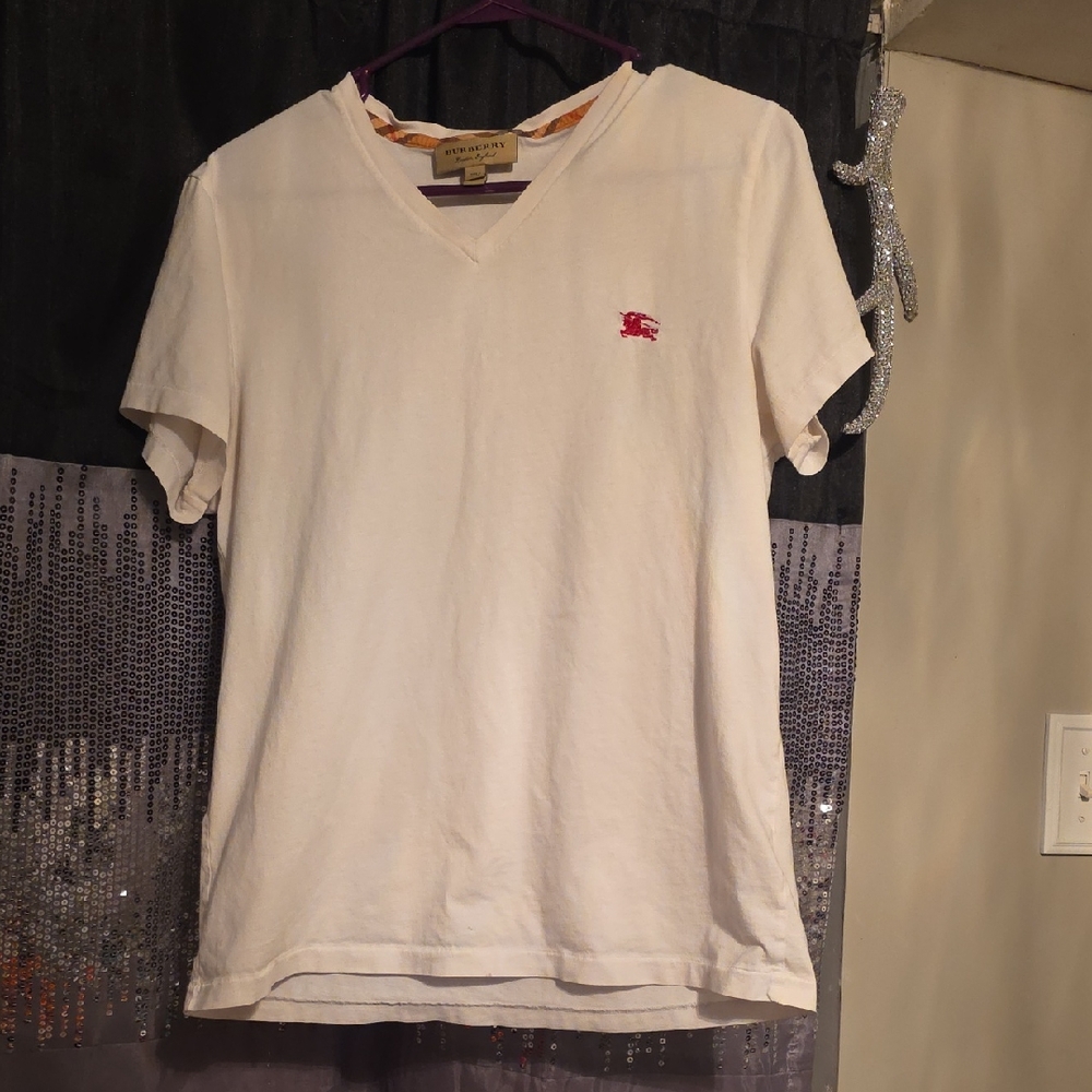 Burberry White V-Neck Tee with Red Logo